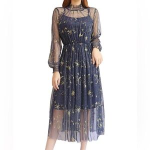 YM YOUMU Sheer Mesh Stars Moon Space Embroidered Long Puff Sleeve Princess Dress